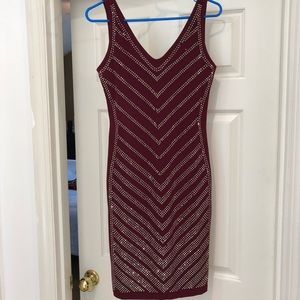 Burgundy v neck embellished mini sheath dress